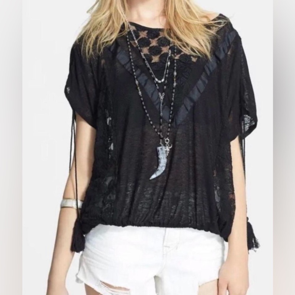 Free People New Romantics South Of the Equator Embroidered Lace Tassel Top
